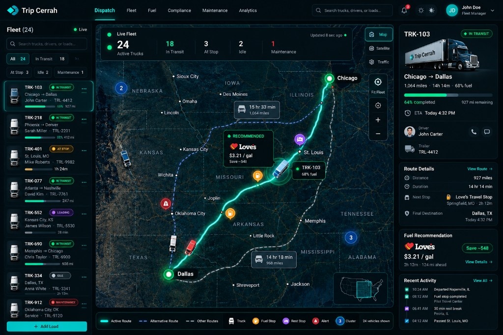 Trip Cerrah intelligence dashboard showing fleet map, live route recommendations, and vehicle detail
